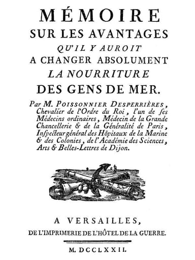 Copertina di Mémoire sur les avantages qu'il y auroit à changer absolument la nourriture des gens de mer, di Antoine Poissonnier-Desperrières; chevalier de La Coudraye