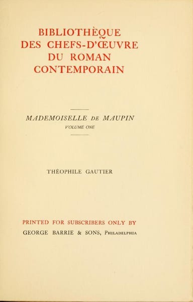 Cover of Mademoiselle de Maupin, Volume 1 (of 2) by Théophile Gautier