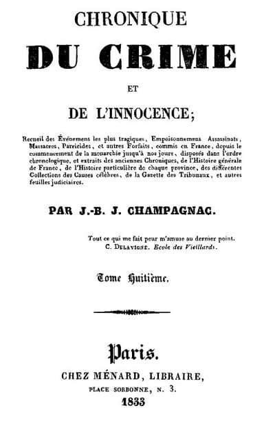 Operculum “Chronique du crime et de l'innocence, tome 8/8 / Recueil des événements les plus tragiques;...”, auctore J.-B.-J. Champagnac