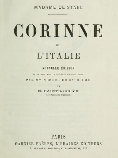 Portada de Corinne; ou, l'Italie / Nouvelle édition revue avec soin et précédée d'observations par Mme Necker de Saussure et M. Sainte-Beuve de l'Académie française, de Madame de Staël