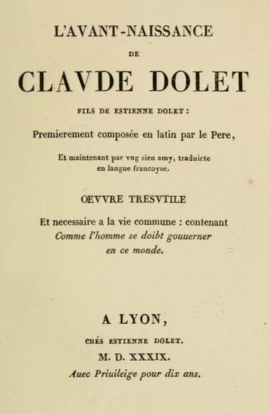 Portada de L'avant-naissance de Claude Dolet, de Etienne Dolet