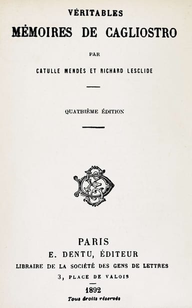 Copertina di Véritables mémoires de Cagliostro, di Catulle Mendès; Richard Lesclide