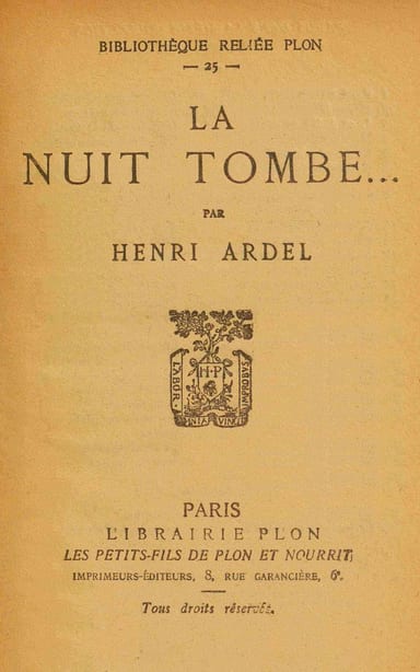 Portada de La nuit tombe..., de Henri Ardel