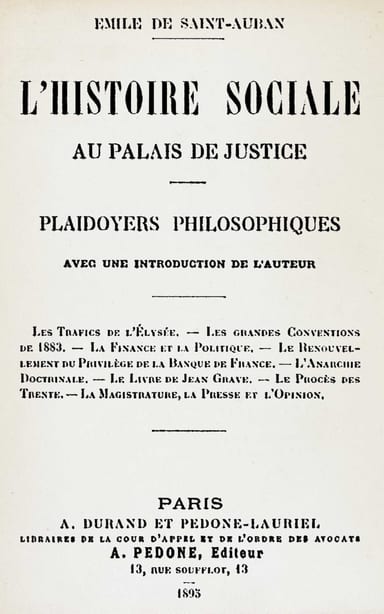 Capa de L'histoire sociale au Palais de justice. Plaidoyers philosophiques, de Émile de Saint-Auban