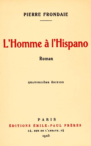 Portada de L'homme à l'Hispano, de Pierre Frondaie