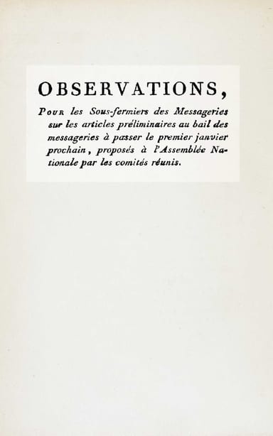 Cover of Observations, pour les sous-fermiers des messageries sur les articles préliminaires au bail des messageries by Anonymous