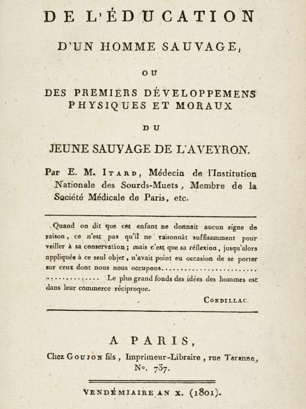 Capa de De l'éducation d'un homme sauvage / ou des premiers développemens physiques et moraux du jeune sauvage de l'Aveyron, de Jean Marc Gaspard Itard
