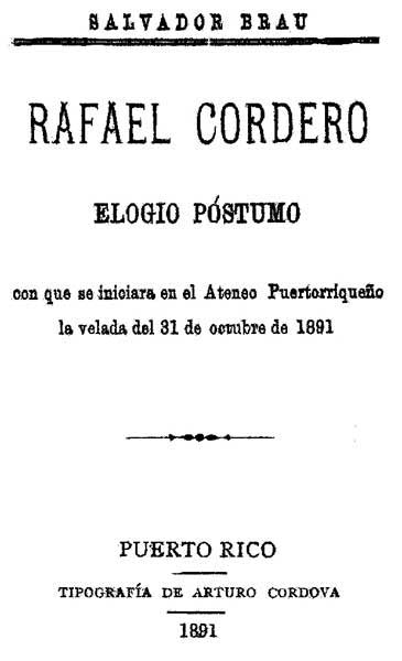 Couverture de Rafael Cordero: Elogio Póstumo par Salvador Brau
