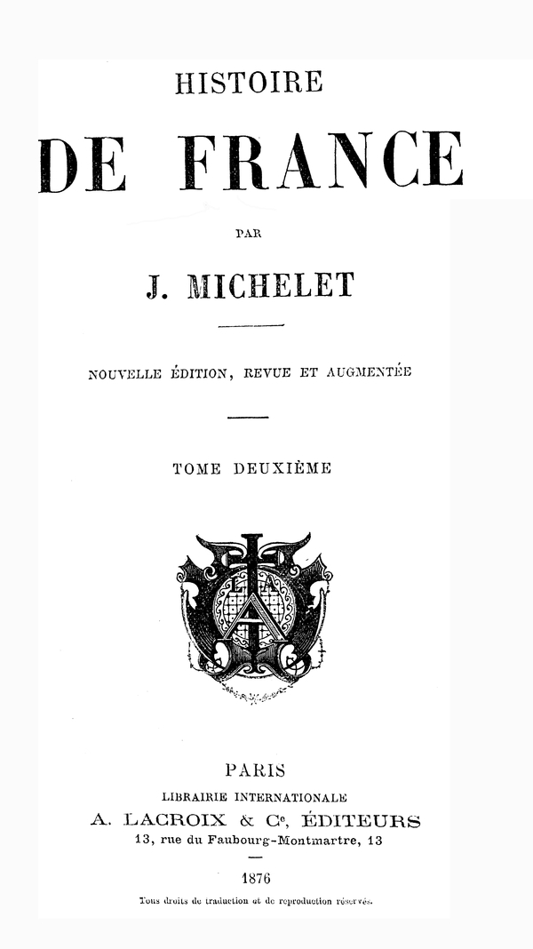 Operculum “Histoire de France 814-1189 (Volume 2/19)”, auctore Jules Michelet