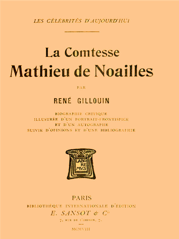 Portada de La Comtesse Mathieu de Noailles, de René Gillouin