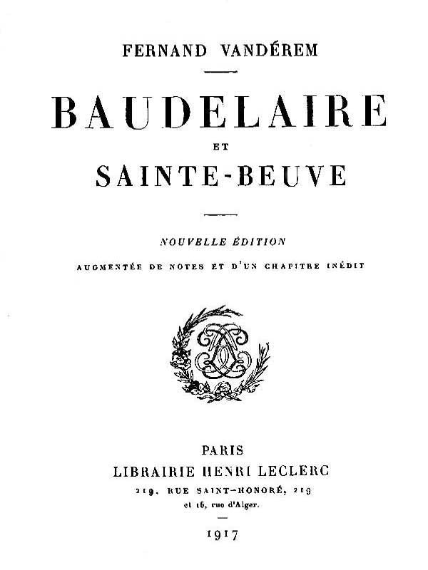 Copertina di Baudelaire et Sainte-Beuve, di Fernand Vandérem