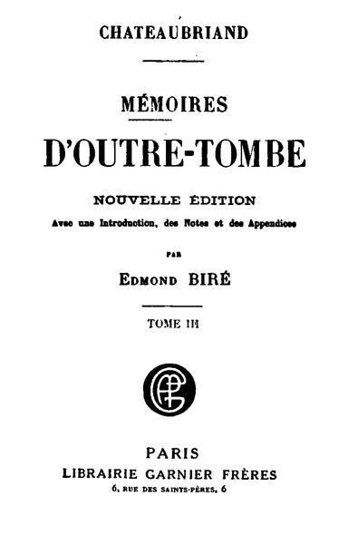 Portada de Mémoires d'Outre-Tombe, Tome 3, de vicomte de François-René Chateaubriand