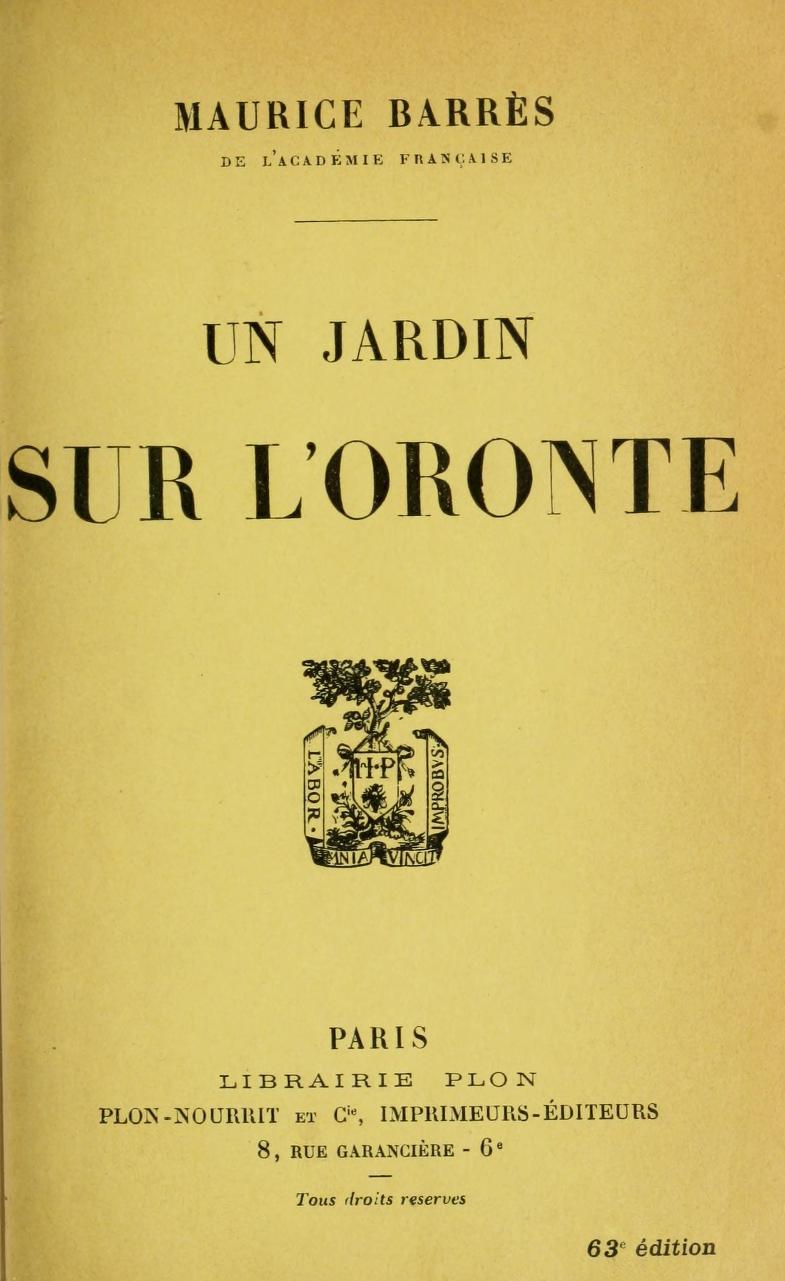Copertina di Un jardin sur l'Oronte, di Maurice Barrès