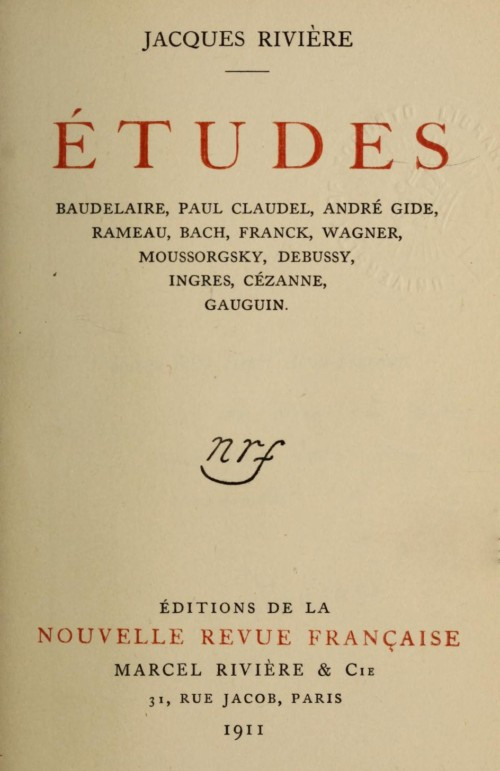 Portada de Études: Baudelaire, Paul Claudel, André Gide, Rameau, Bach, Franck, Wagner, Moussorgsky, Debussy, Ingres, Cézanne, Gauguin, de Jacques Rivière