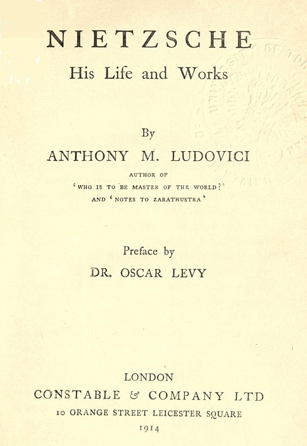 Couverture de Nietzsche: His Life and Works par Anthony M. Ludovici
