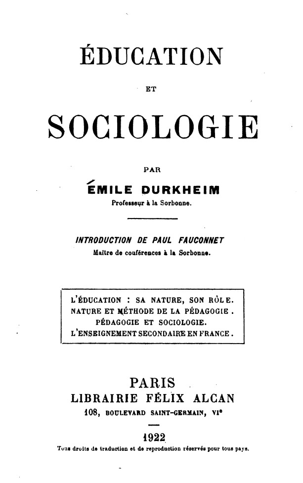 Portada de Éducation et sociologie, de Émile Durkheim