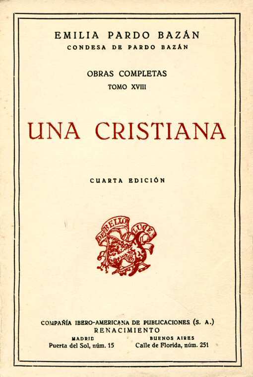 Portada de Una Cristiana, de condesa de Emilia Pardo Bazán