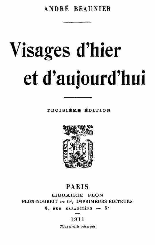 Portada de Visages d'hier et d'aujourd'hui, de André Beaunier