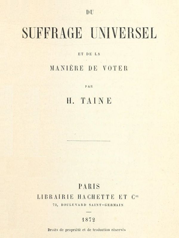Portada de Du suffrage universel et de la manière de voter, de Hippolyte Taine