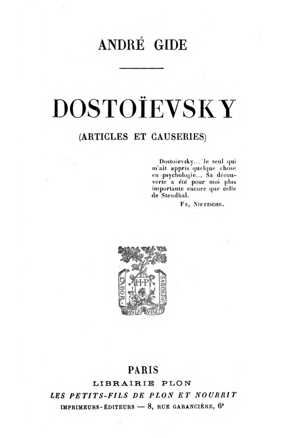 Copertina di Dostoïevsky (Articles et Causeries), di André Gide