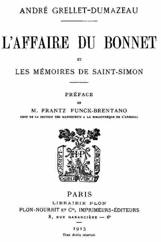 Copertina di L'affaire du bonnet et les Mémoires de Saint-Simon, di André Grellet-Dumazeau
