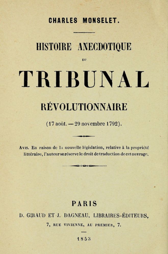 Copertina di Histoire anecdotique du tribunal révolutionnaire, di Charles Monselet