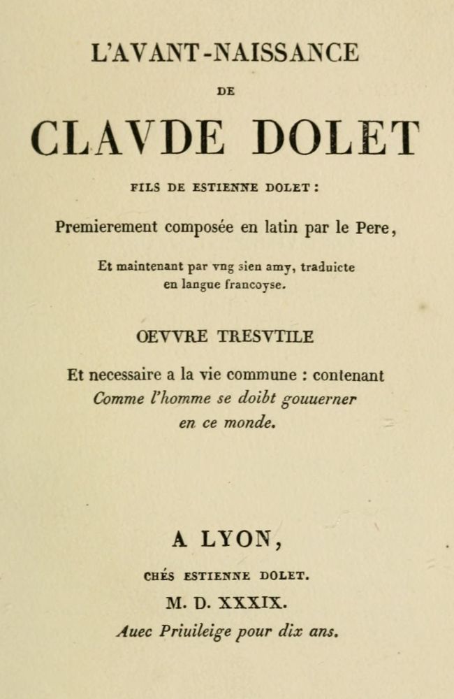 Portada de L'avant-naissance de Claude Dolet, de Etienne Dolet