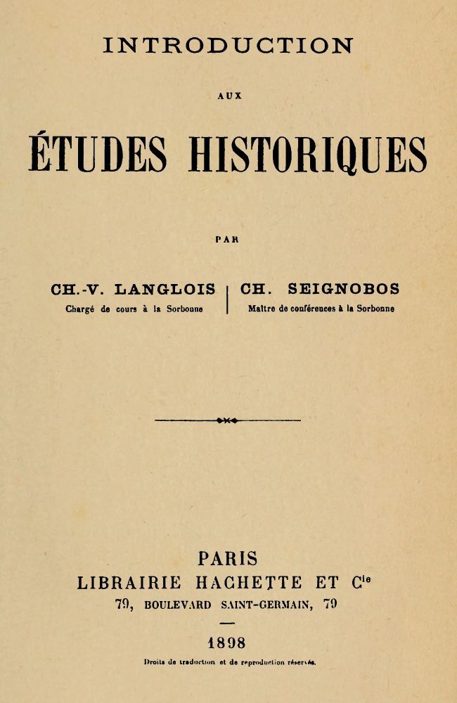 Copertina di Introduction aux études historiques, di Charles Victor Langlois; Charles Seignobos
