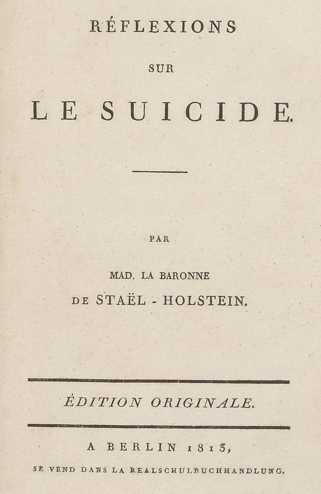 Copertina di Réflexions sur le suicide, di Madame de Staël