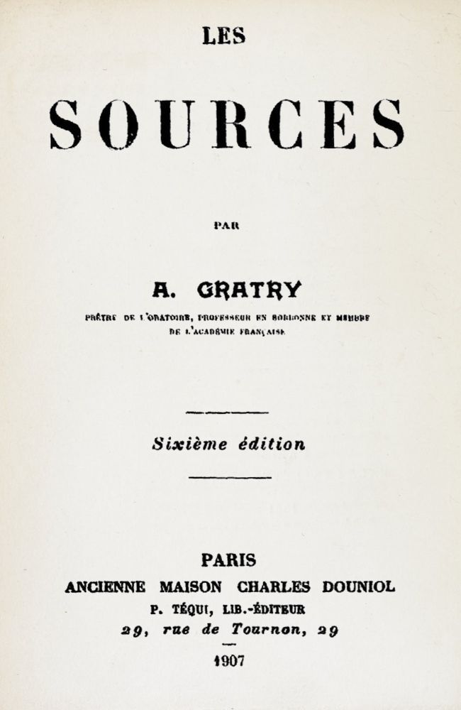 Copertina di Les Sources, di Alphonse Gratry
