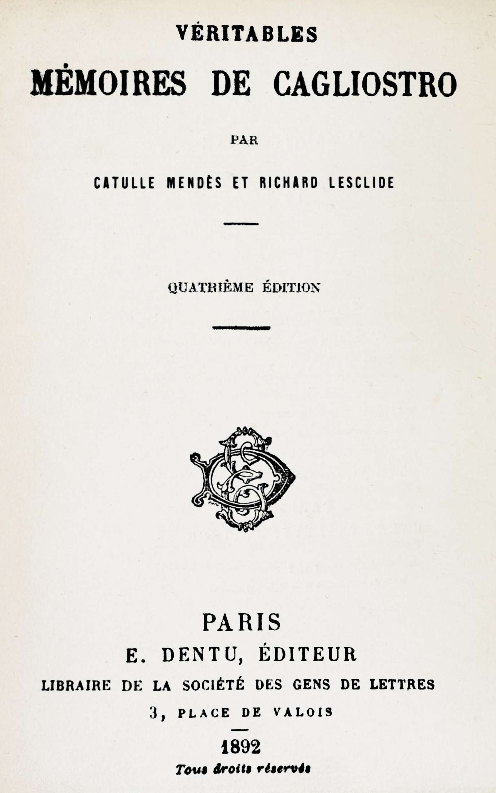 Copertina di Véritables mémoires de Cagliostro, di Catulle Mendès; Richard Lesclide