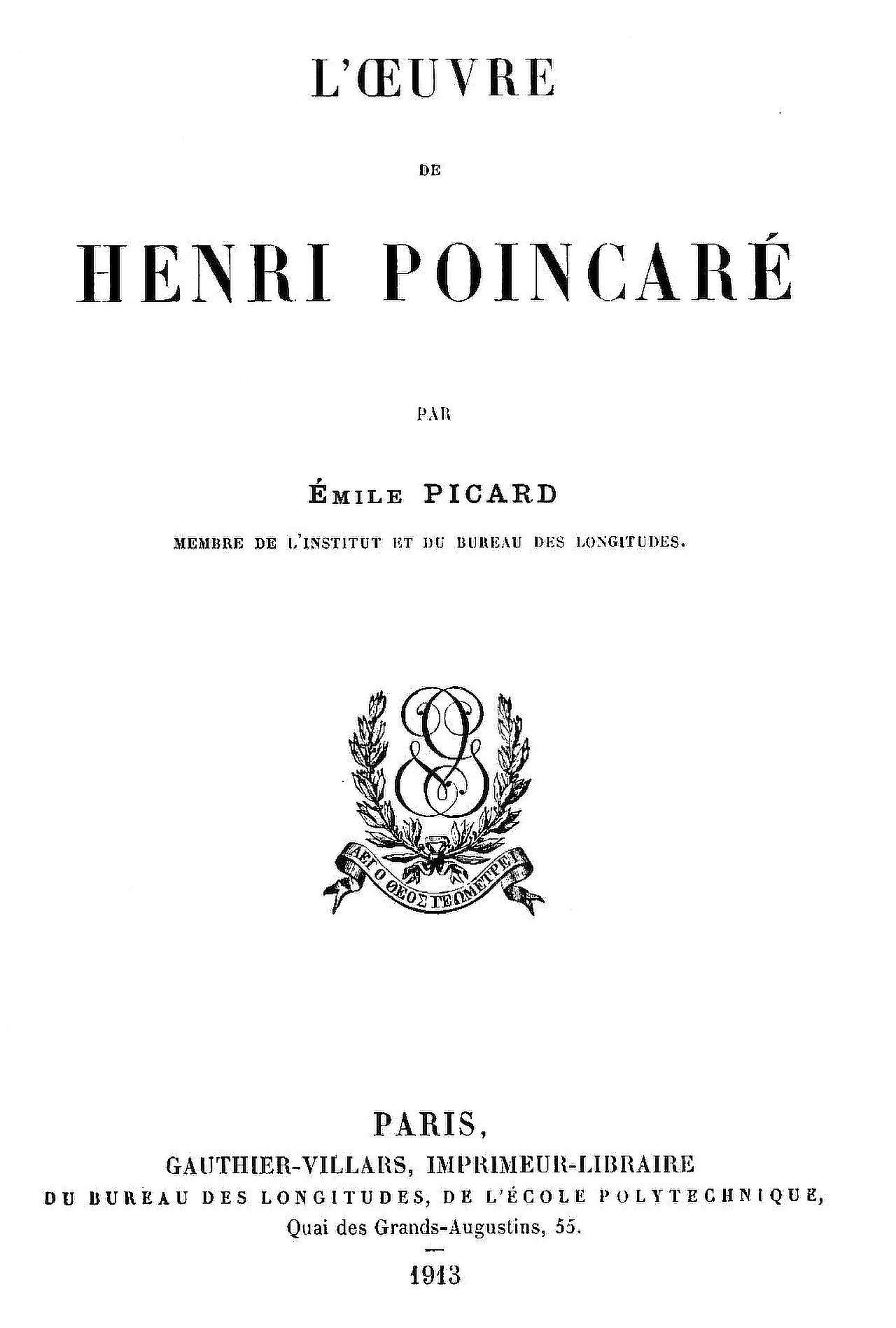 Operculum “L'œuvre de Henri Poincaré”, auctore Emile Picard