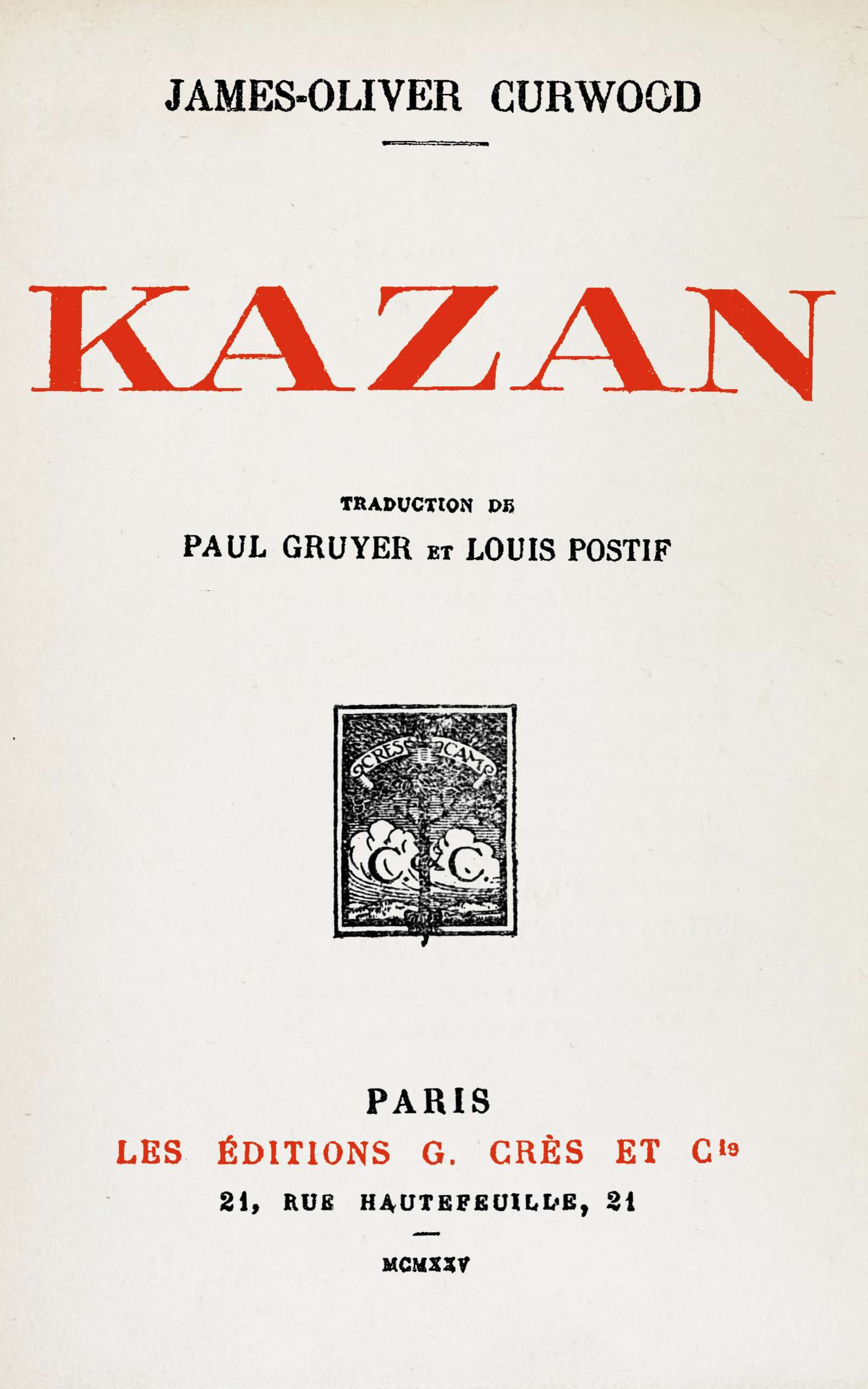 Copertina di Kazan, di James Oliver Curwood