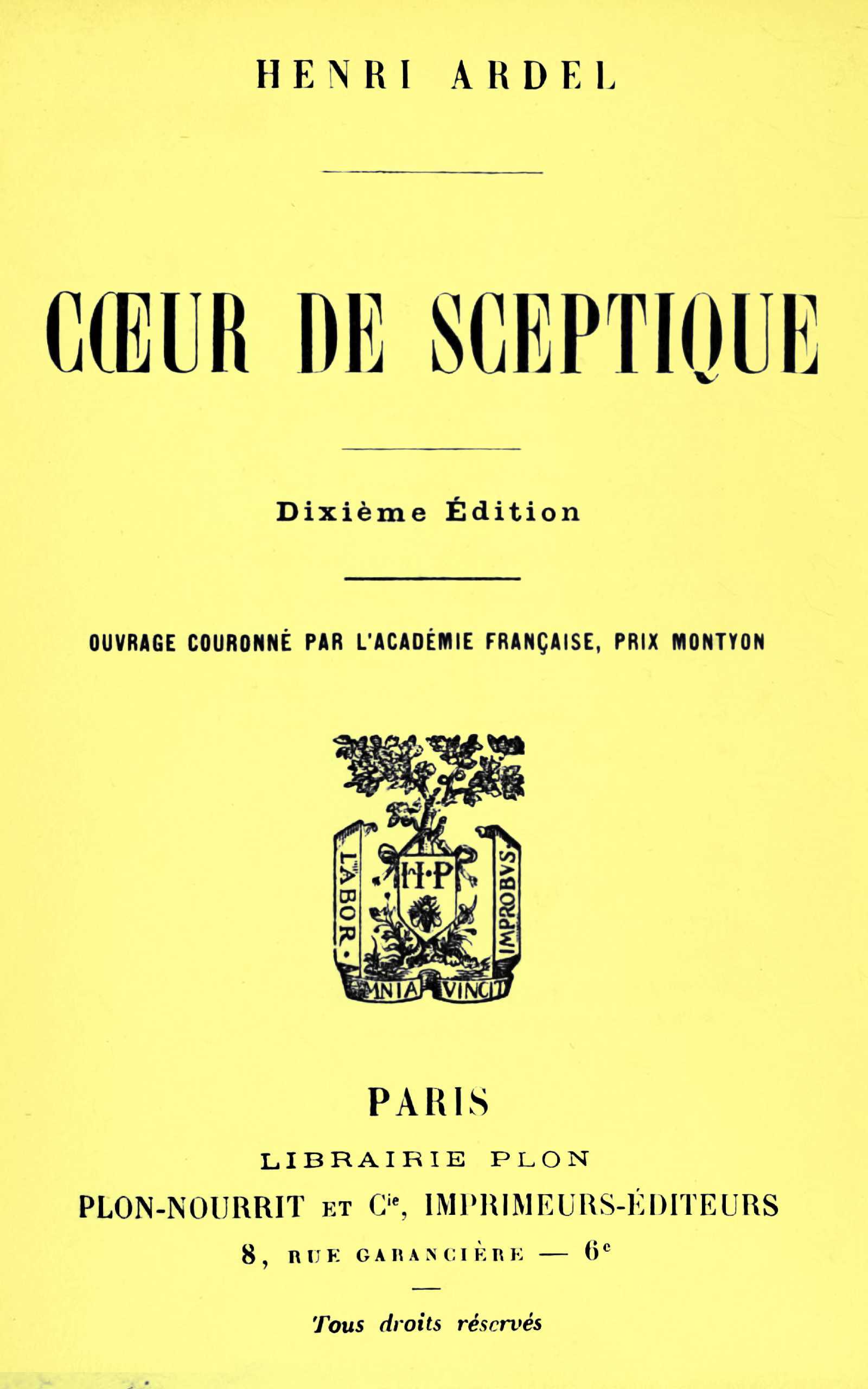 Copertina di Cœur de sceptique, di Henri Ardel