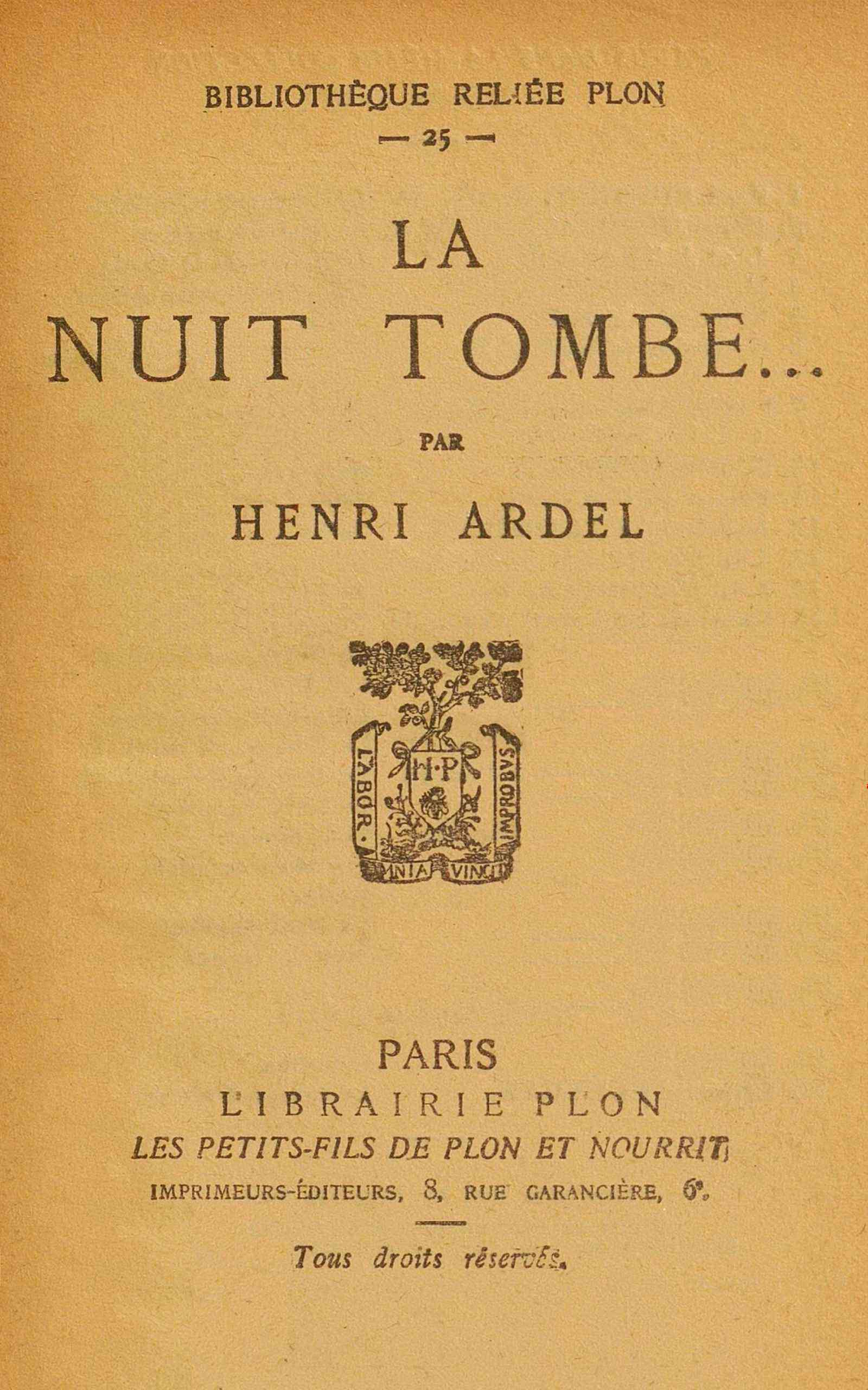 Portada de La nuit tombe..., de Henri Ardel