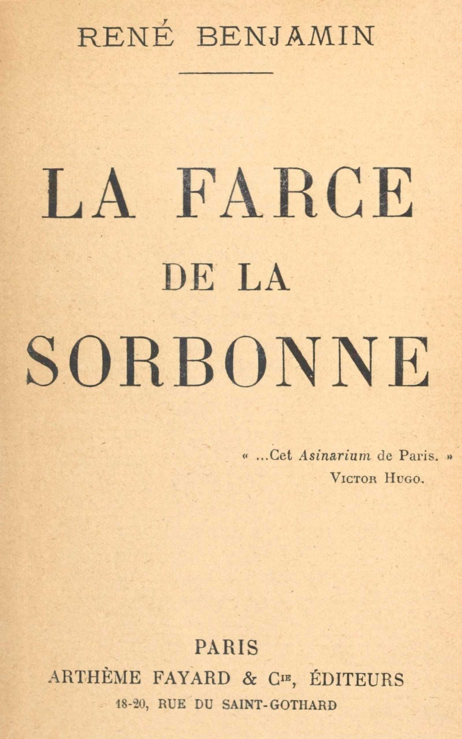 Portada de La farce de la Sorbonne, de René Benjamin