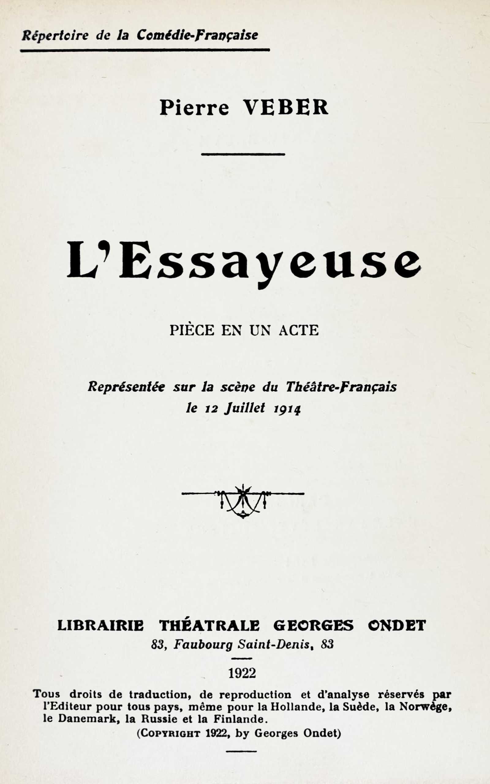Copertina di L'essayeuse, di Pierre Veber