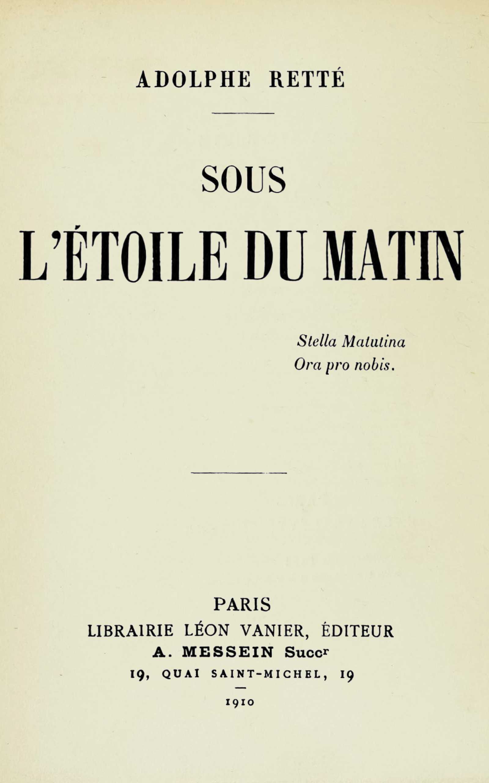 Copertina di Sous l'Étoile du Matin, di Adolphe Retté