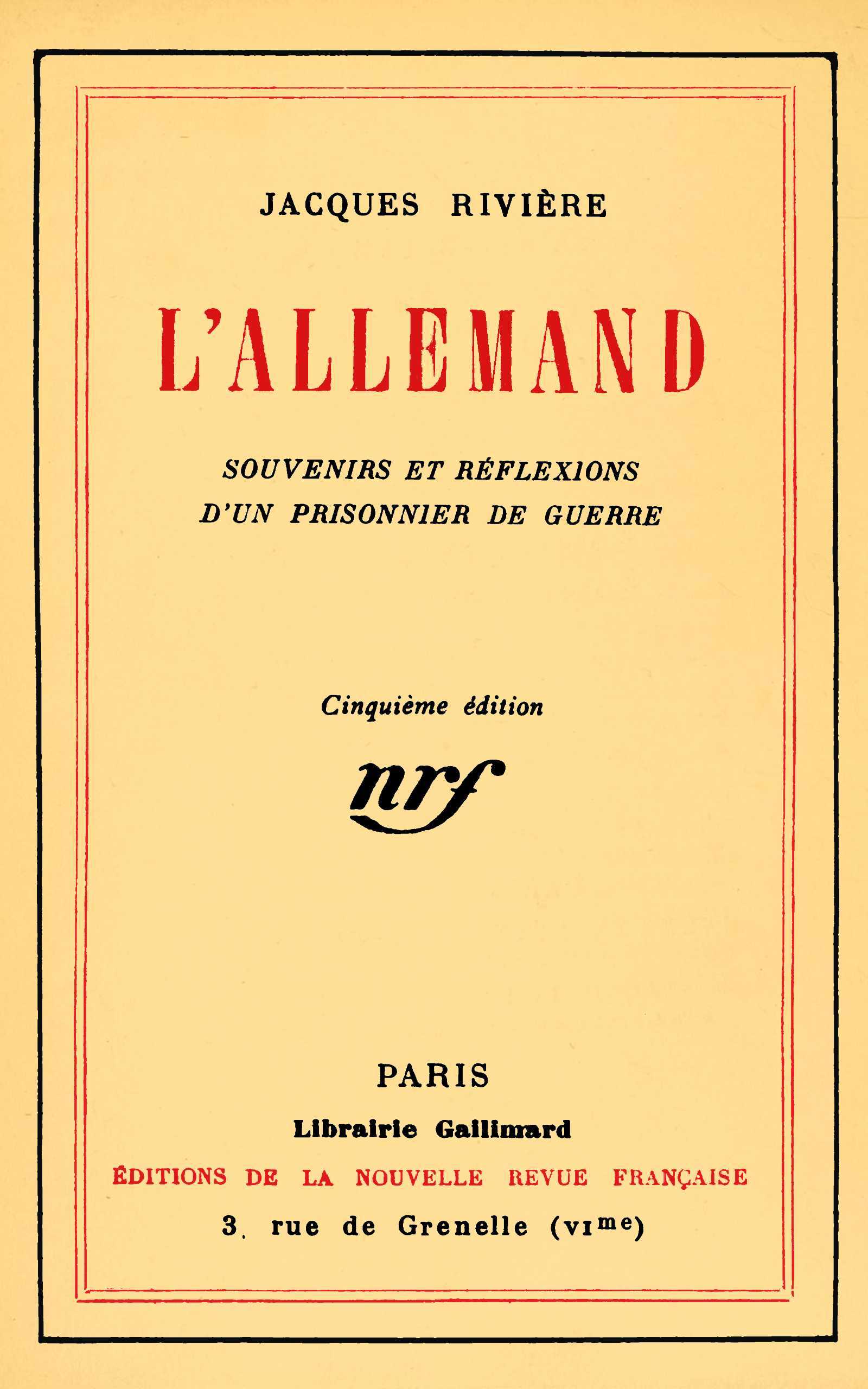 Copertina di L'Allemand, di Jacques Rivière
