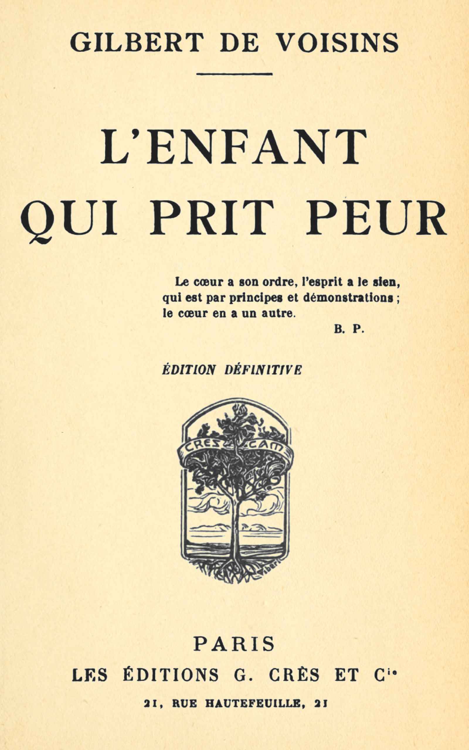 Copertina di L'enfant qui prit peur, di Auguste Gilbert de Voisins