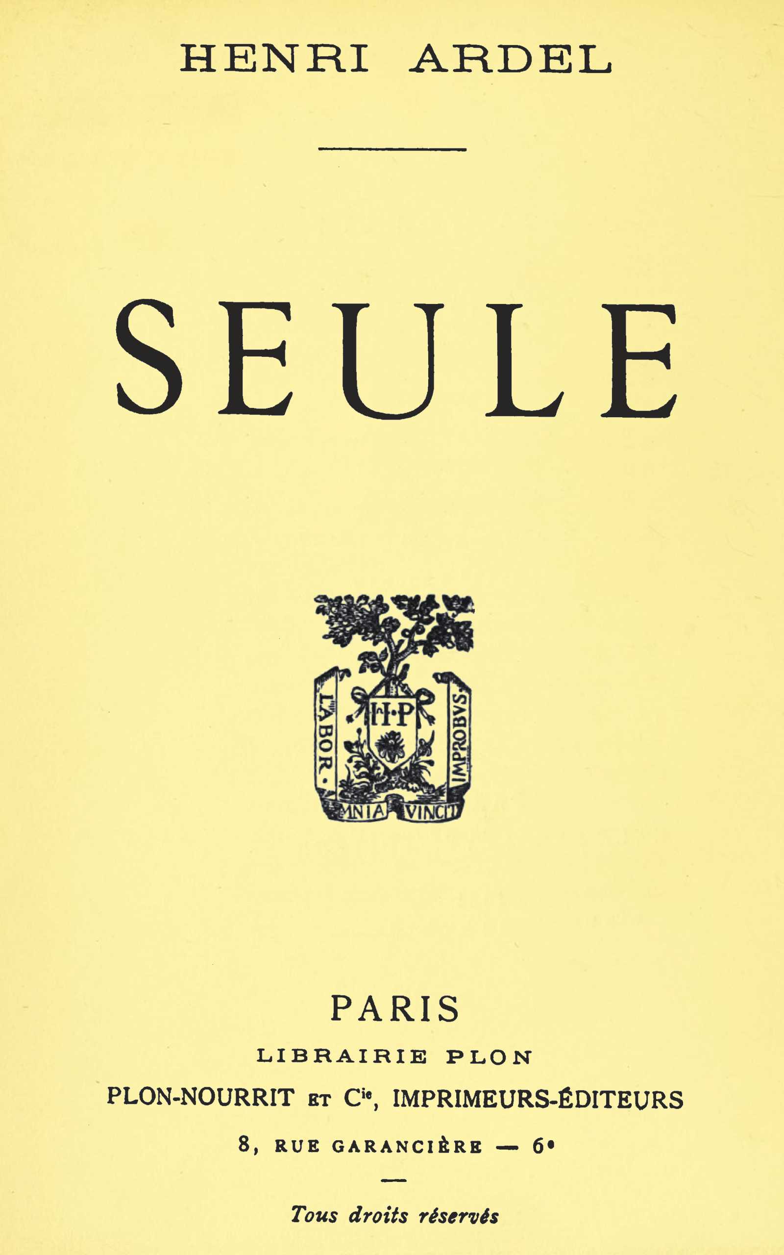 Copertina di Seule, di Henri Ardel