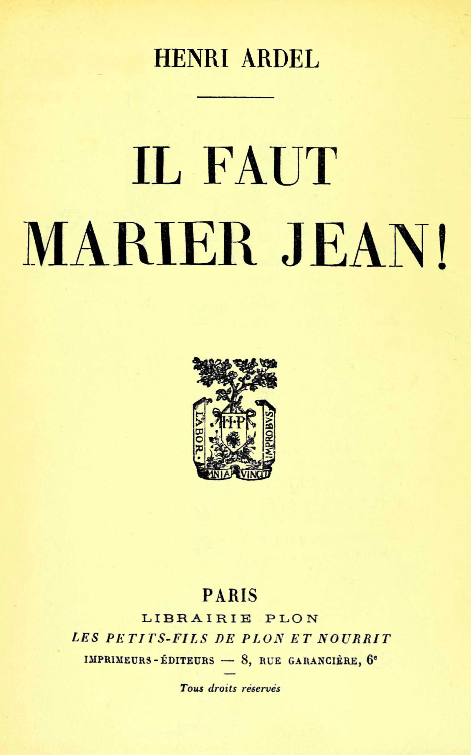 Copertina di Il faut marier Jean!, di Henri Ardel