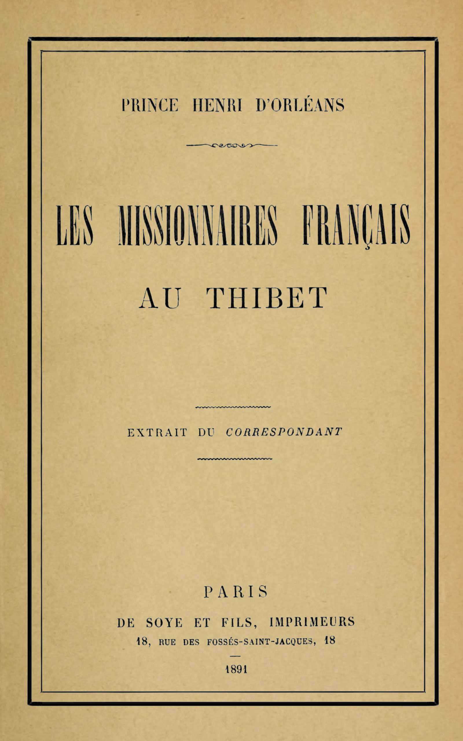 Copertina di Les missionnaires français au Thibet, di Prince Henri d' Orléans