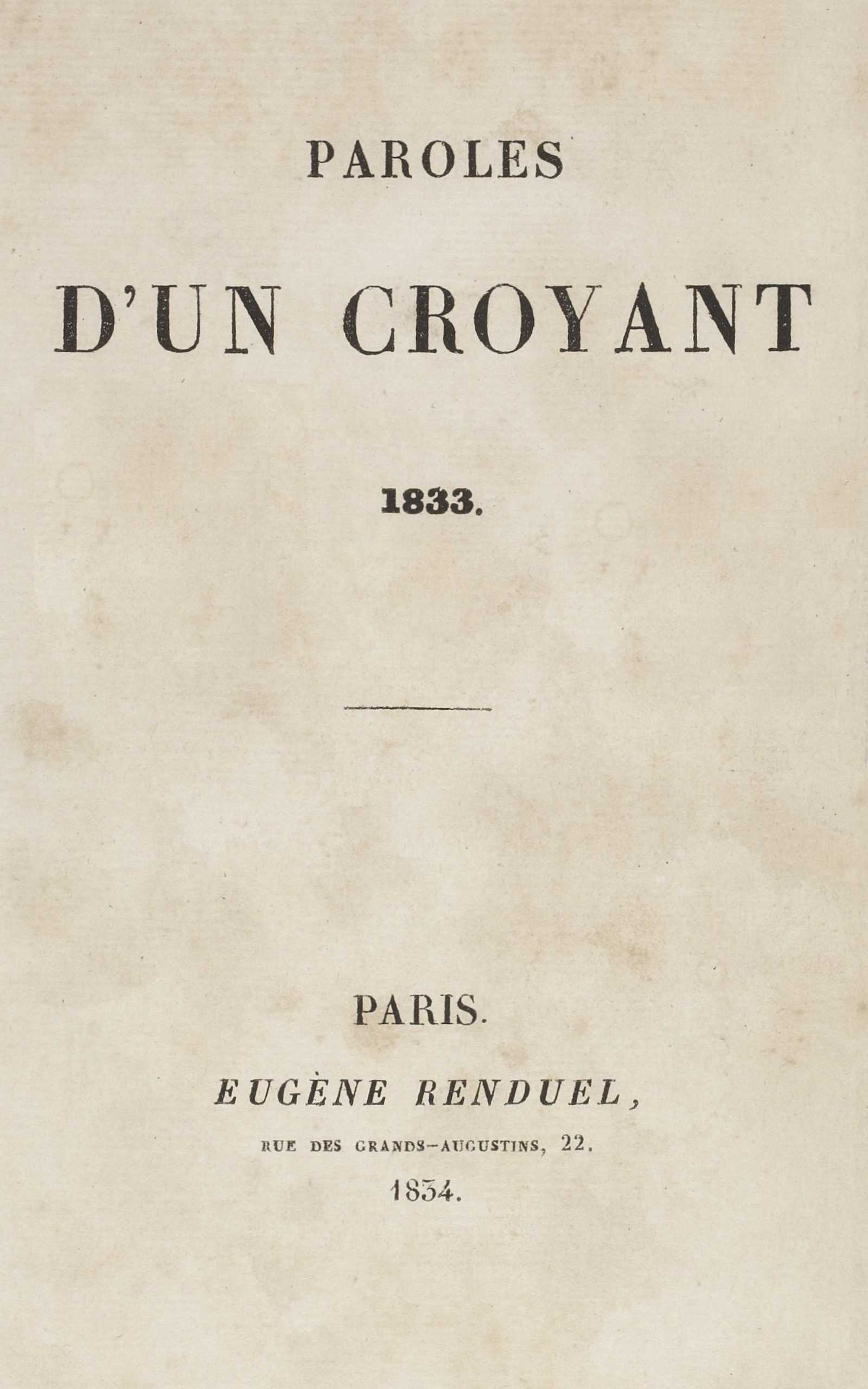 Portada de Paroles d'un croyant, 1833, de Félicité Robert de Lamennais