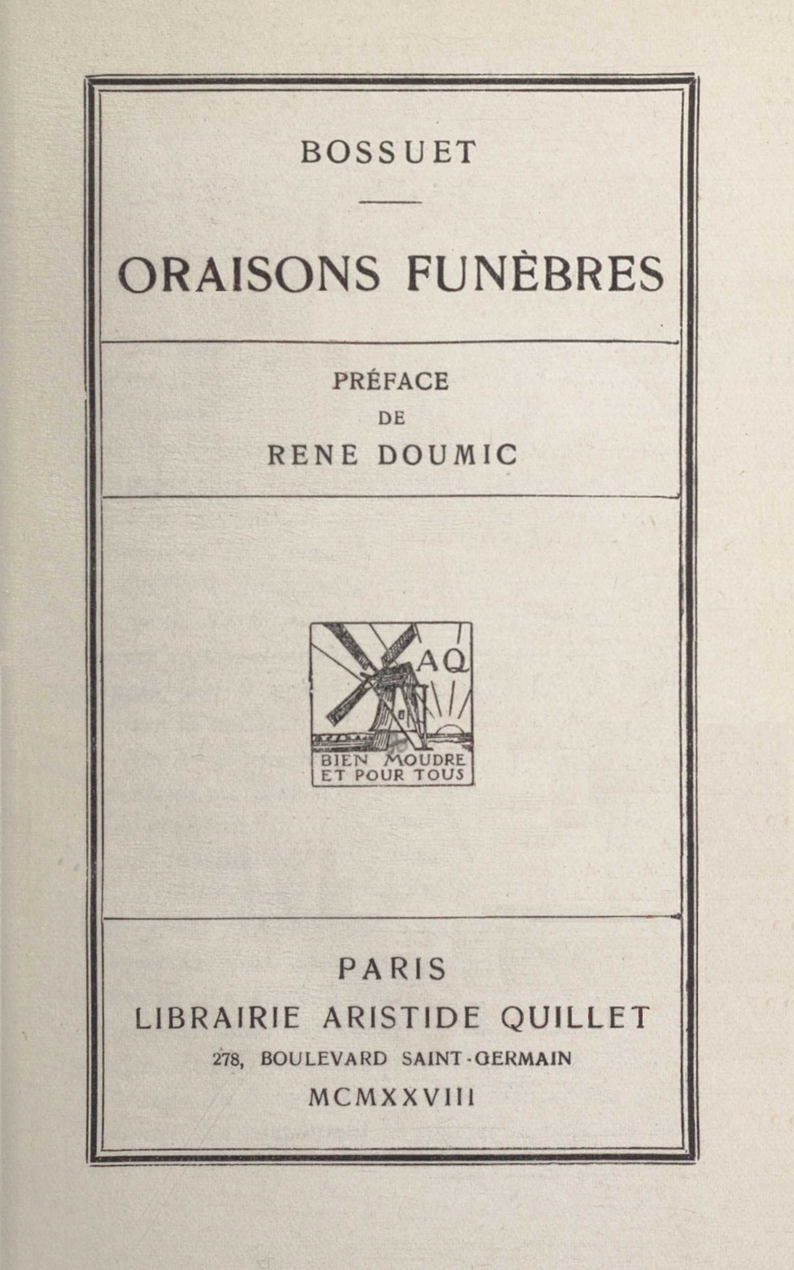 Portada de Oraisons funèbres, de Jacques Bénigne Bossuet