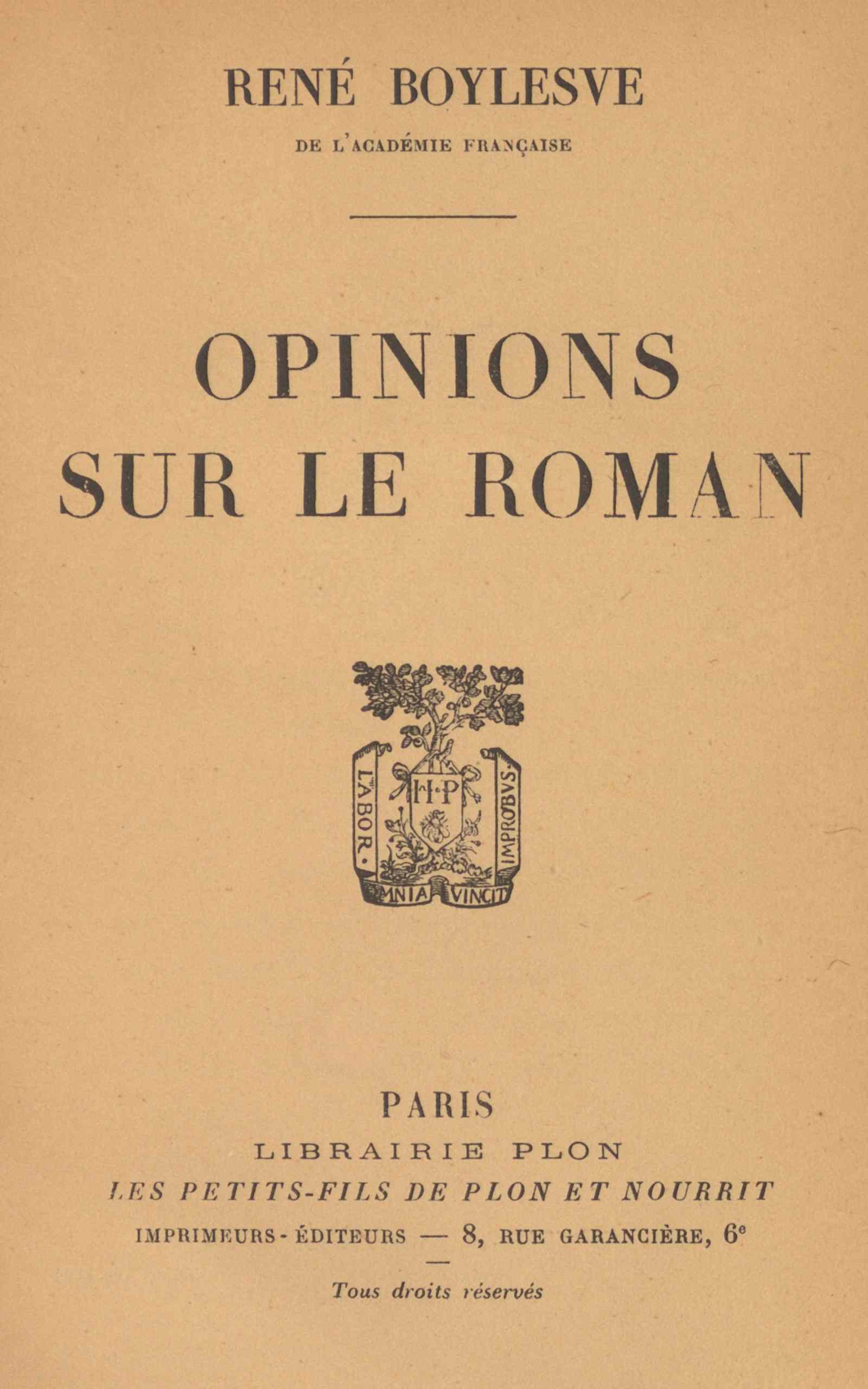 Copertina di Opinions sur le roman, di René Boylesve