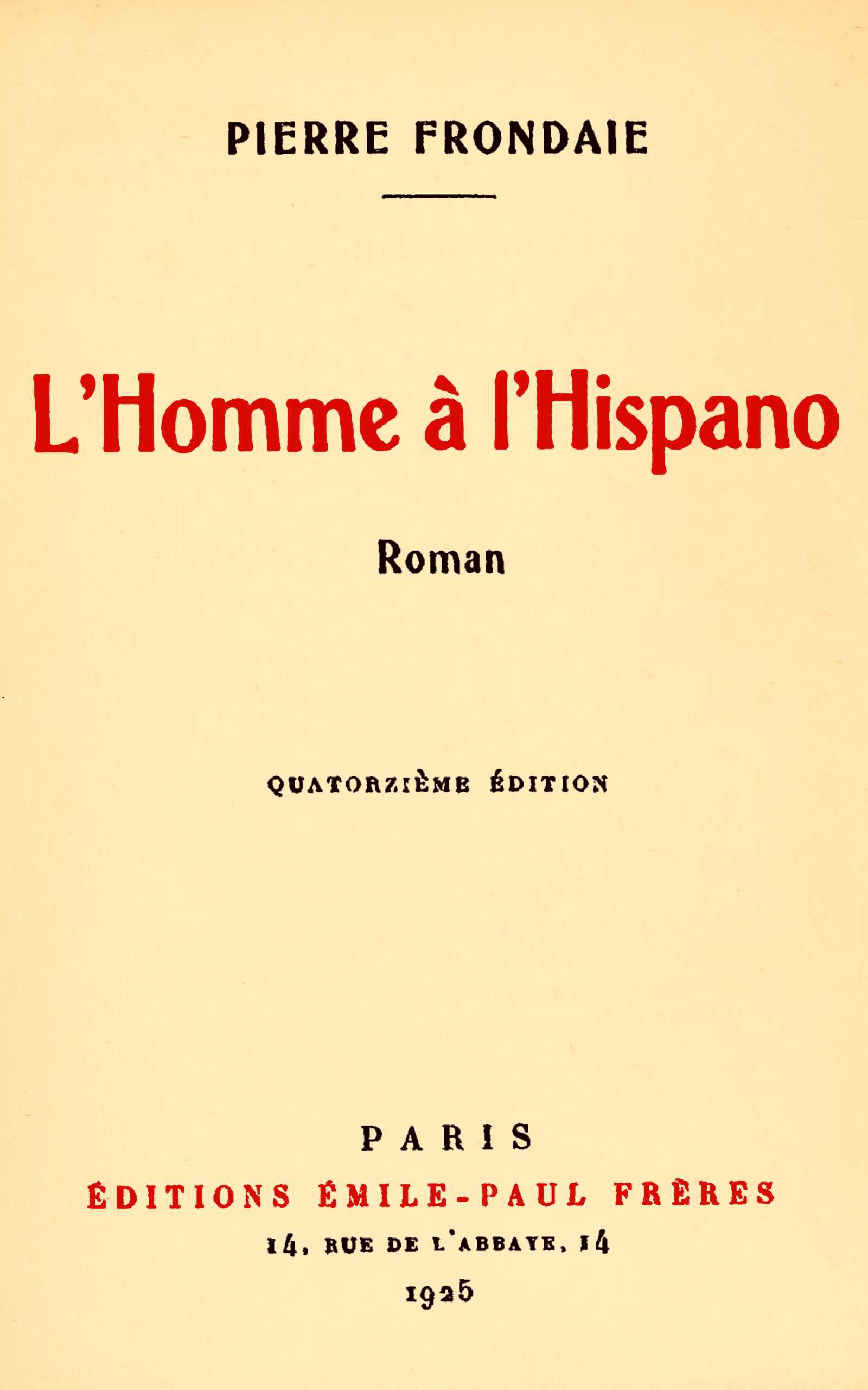 Portada de L'homme à l'Hispano, de Pierre Frondaie