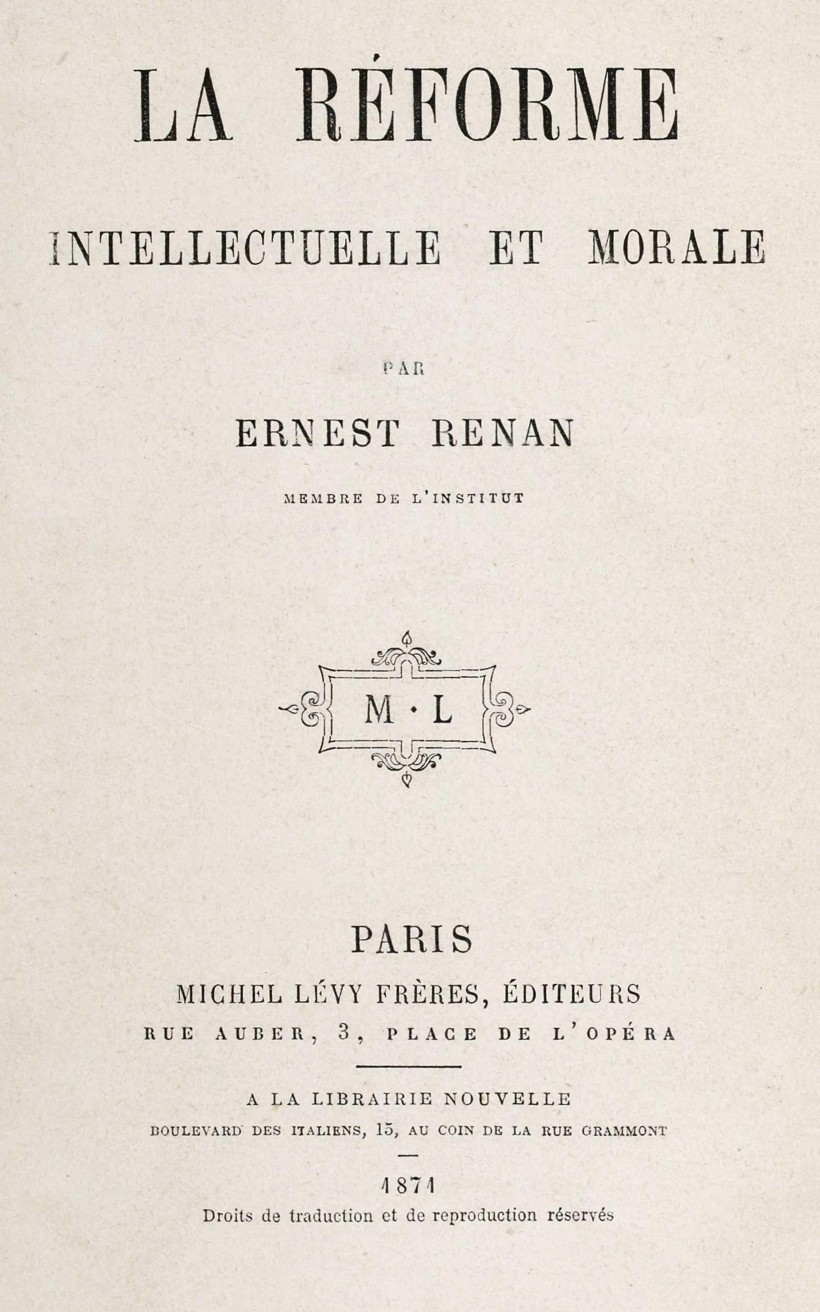 Portada de La réforme intellectuelle et morale, de Ernest Renan
