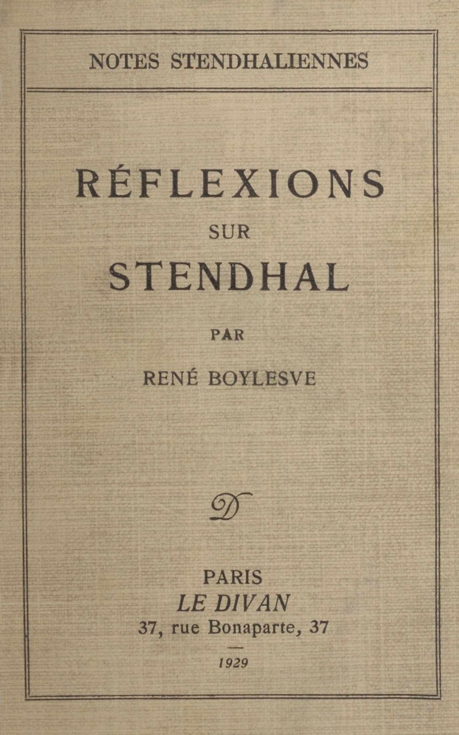 Copertina di Réflexions sur Stendhal, di René Boylesve