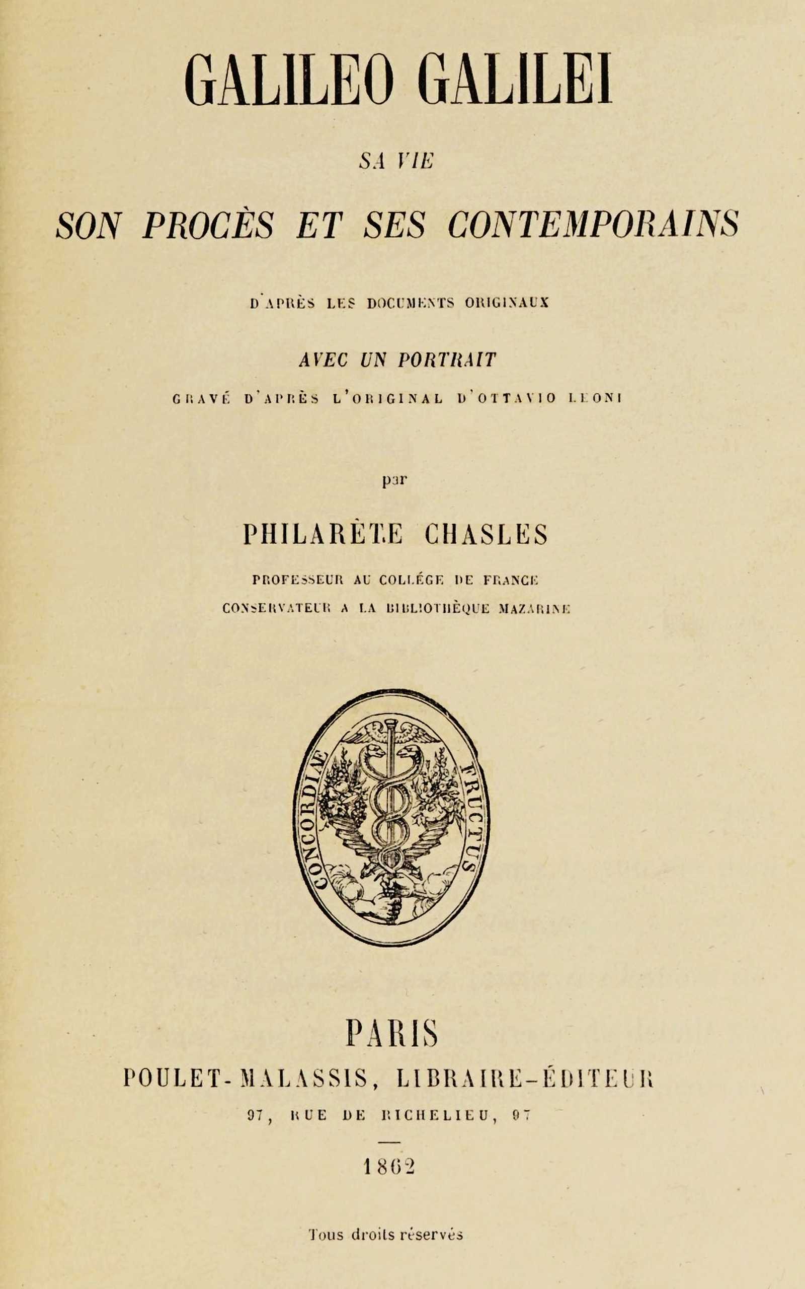 Copertina di Galileo Galilei: sa vie, son procès et ses contemporains, di Philarète Chasles